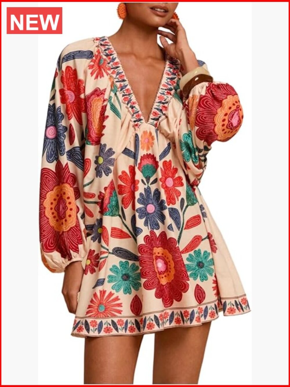 Boho Floral V-Neck Mini Dress with Bishop Sleeve & Tie Back